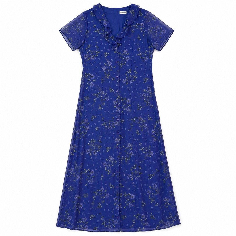 Vtg Y2K Periwinkle Blue Fairy Floral Chiffon Ruffle Maxi Dress Button Front 10